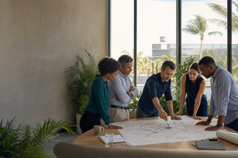 Business leaders reviewing a systems map in a sunlit workspace with greenery outside.