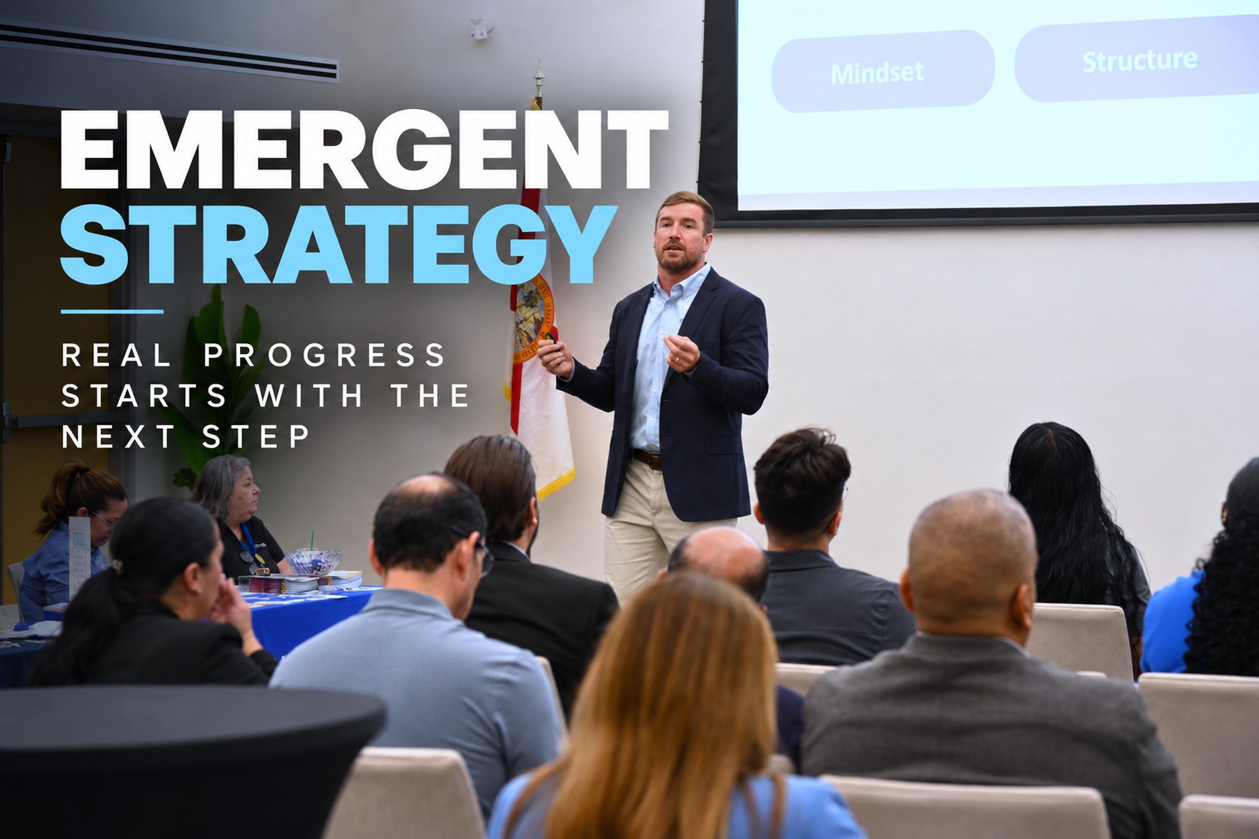Emergent Strategy: real progress starts with the next step. Dr. Claude B. Kershner IV speaking to a room of South Florida business owners.